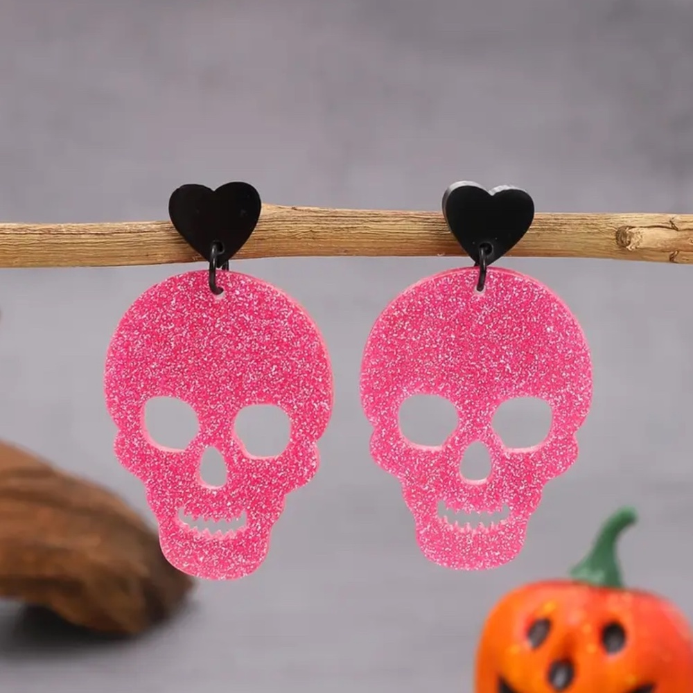 NWT! Pink and Glittery Halloween Holiday Skull Pierced Post Dangle Earrings!